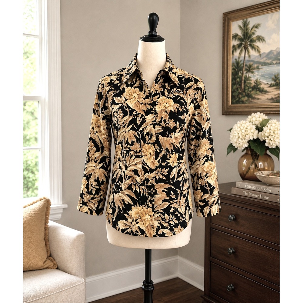 H&M Womens Professional Blouse Size 2 Black Floral Button Front Long Sleeve Top
